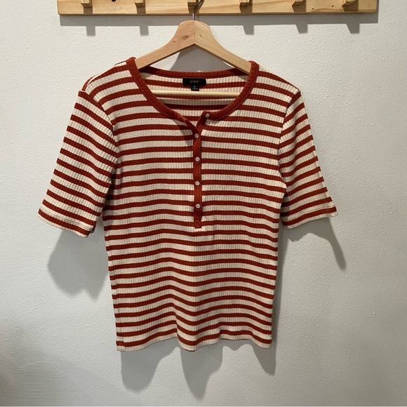 J. CREW Natural Emilia Striped Ribbed Half Sleeve Henley Tee sz medium Womens - Picture 2 of 6